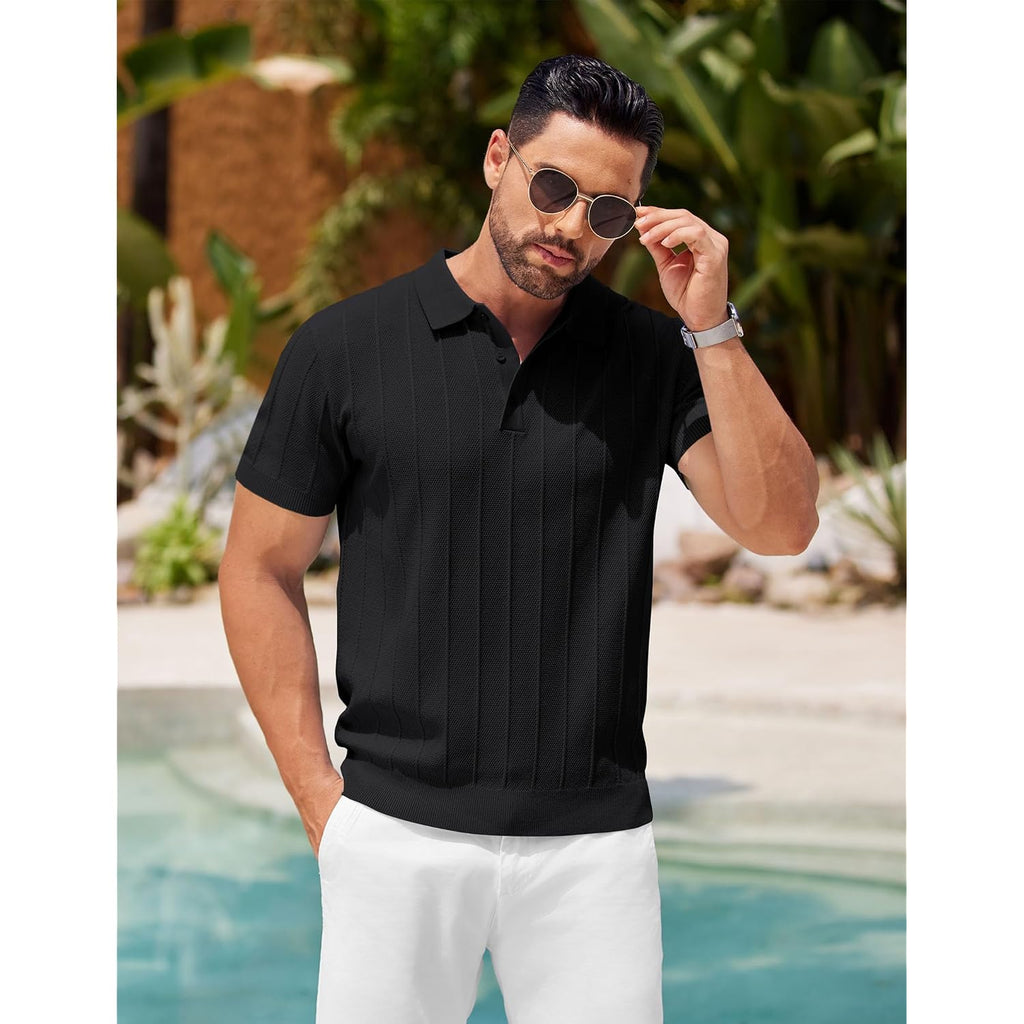 Coofandy Mens Knit Polo Shirts Short Sleeve Ribbed Textured Polo Shirt Lightweight Casual Golf Shirts Collared T Shirt
