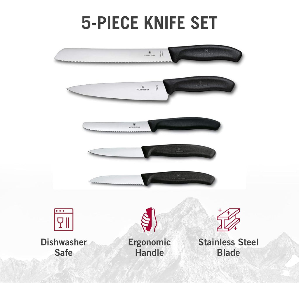 Victorinox Swiss Classic Kitchen Set, 5 Pieces - Utility & Bread Knives | Durable Ergonomic Set With Paring, Carving, And Bread Knives. Made In Switzerland, Dishwasher Safe, And Black Handles.