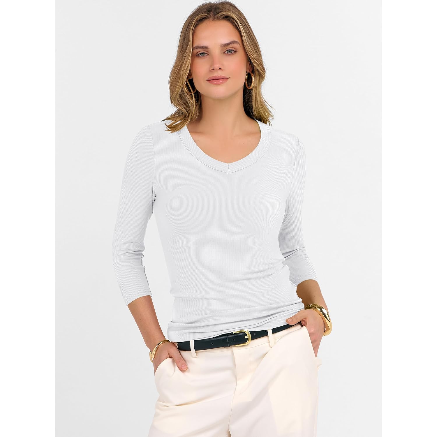 ANRABESS Womens 3/4 Length Sleeve Ribbed Knit Tops&Shirts, V Neck Slim Fit Soft Medium Stretch, Summer Casual Basic Outfits