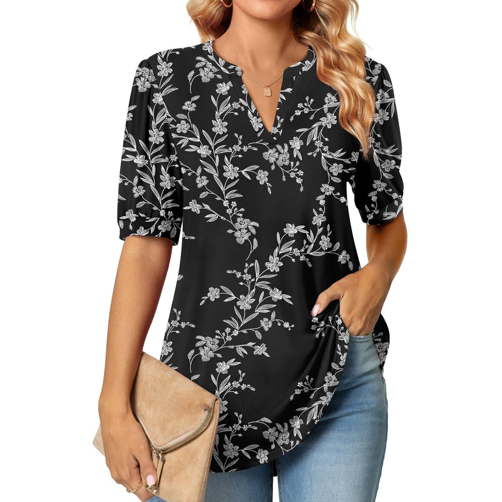 Womens Tunic Tops Summer Dressy Casual Puff Short Sleeve Shirts Work Business Blouses