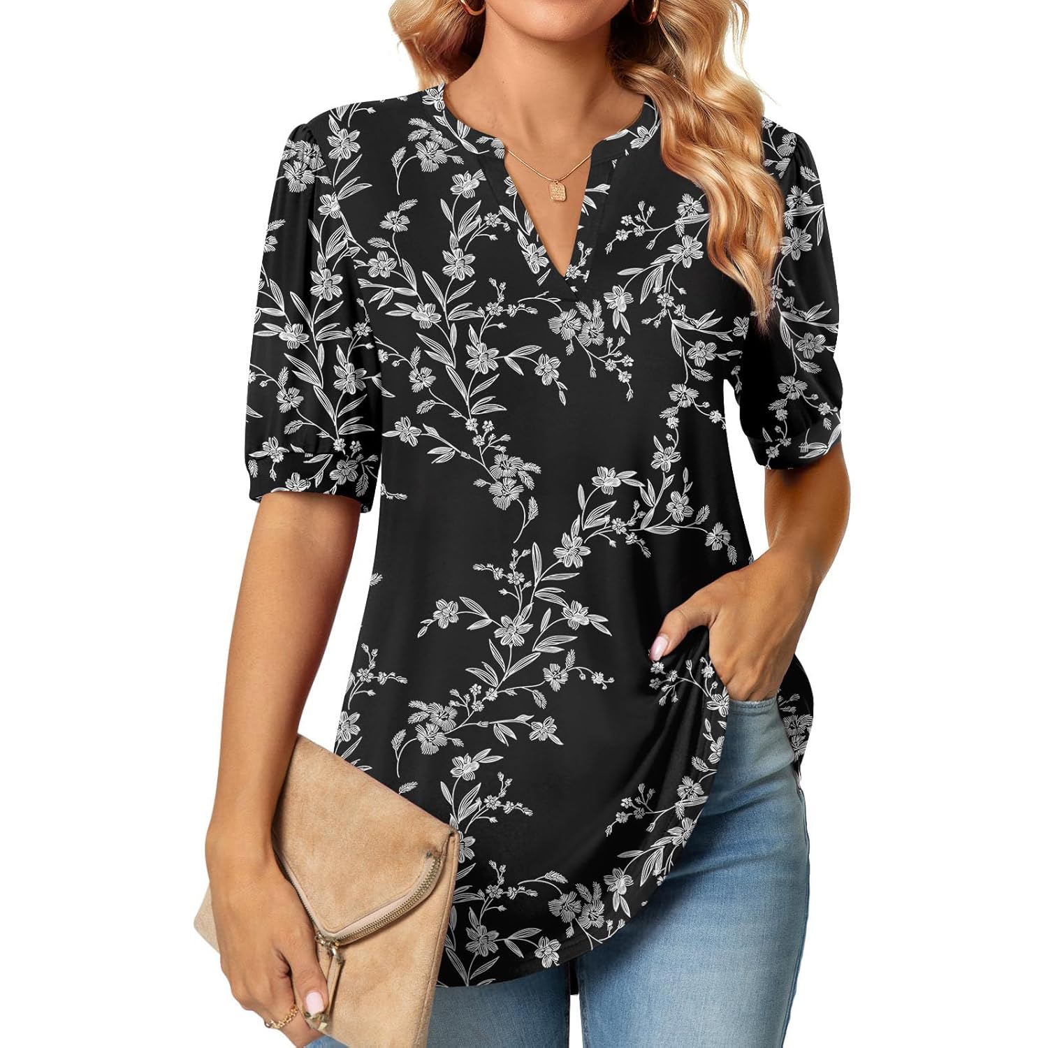 Womens Tunic Tops Summer Dressy Casual Puff Short Sleeve Shirts Work Business Blouses