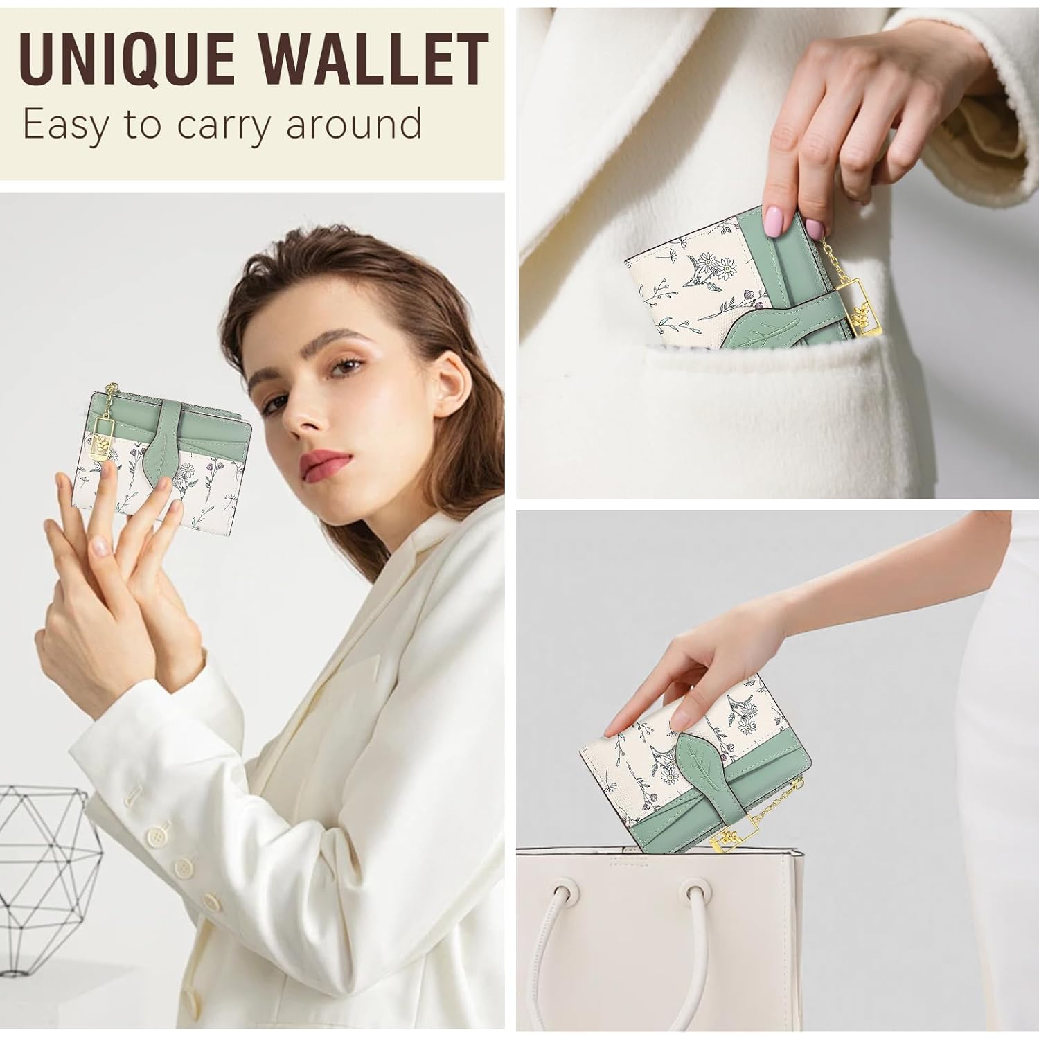 Wallets for Women- RFID Blocking- Soft PU Leather Bifold Coin Zipper Pocket Purse-Small flower wallet Credit Card Holder with ID Window (Green)