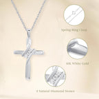 GILDED Small 10K White Gold Natural Round-Cut Diamond Accent (I-J Color, I2-I3 Clarity) 3 Stone Cross Pendant-Necklace,18"