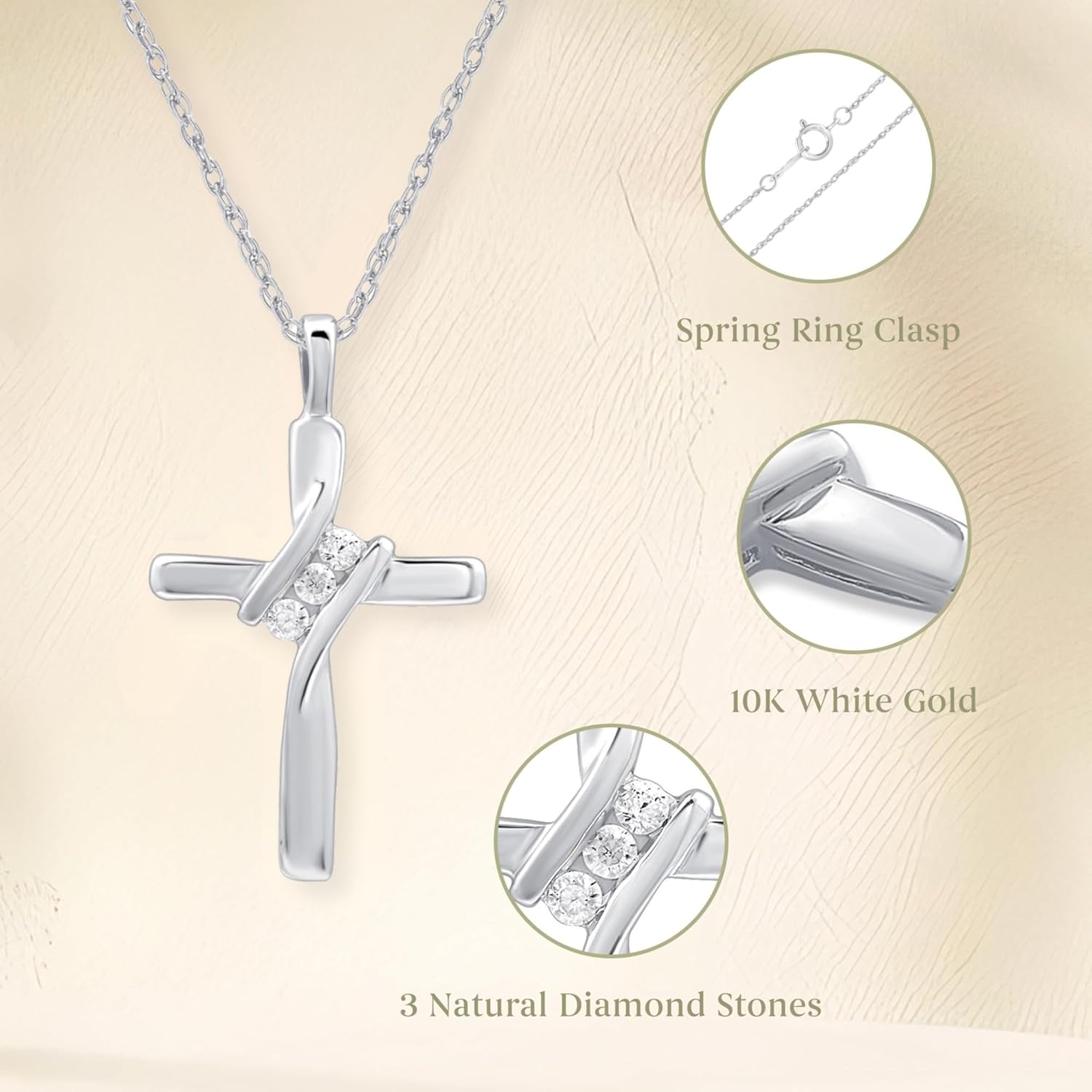 GILDED Small 10K White Gold Natural Round-Cut Diamond Accent (I-J Color, I2-I3 Clarity) 3 Stone Cross Pendant-Necklace,18"