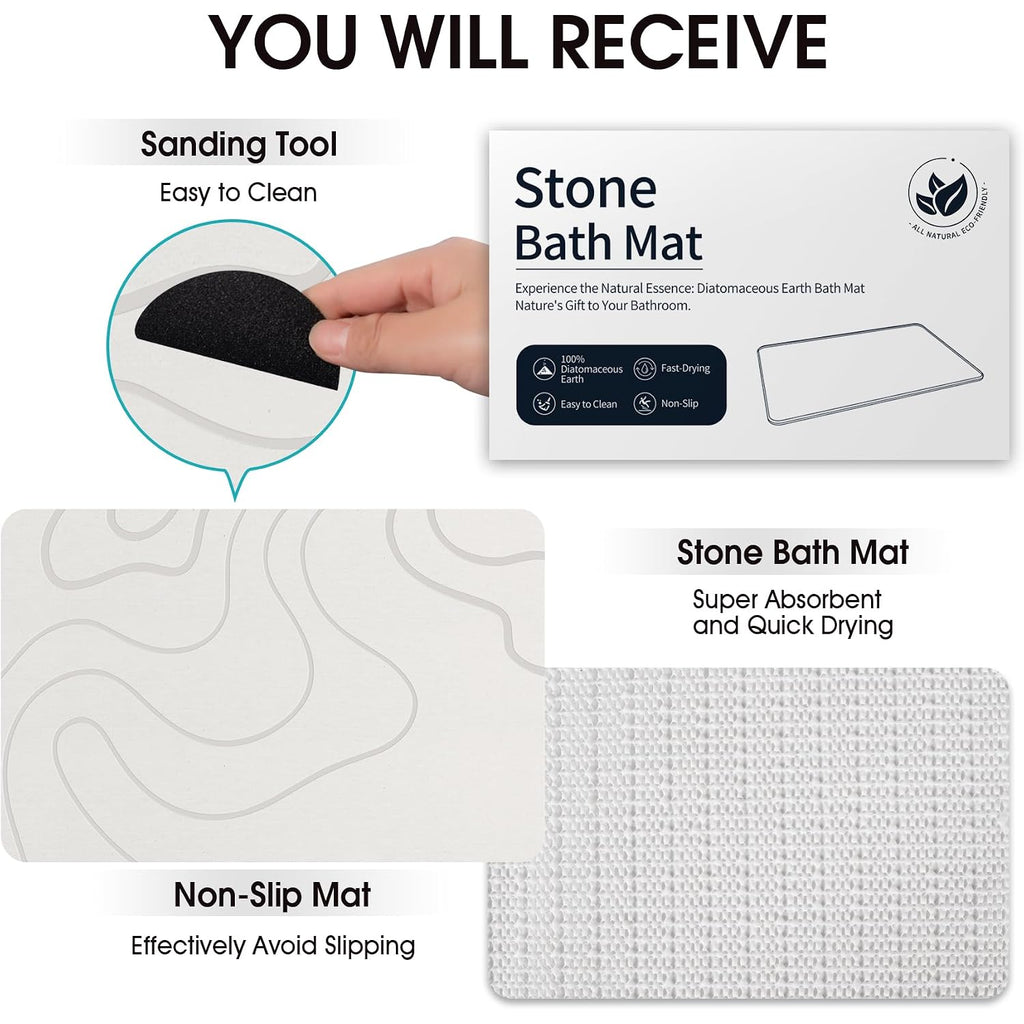 Stone Bath Mat Diatomaceous Earth Shower Mat Non-Slip Super Absorbent Diatomite Stone Mats For Bathroom Floor/Ktichen Cuonter Quick-Drying Easy To Clean (24''*16''White)