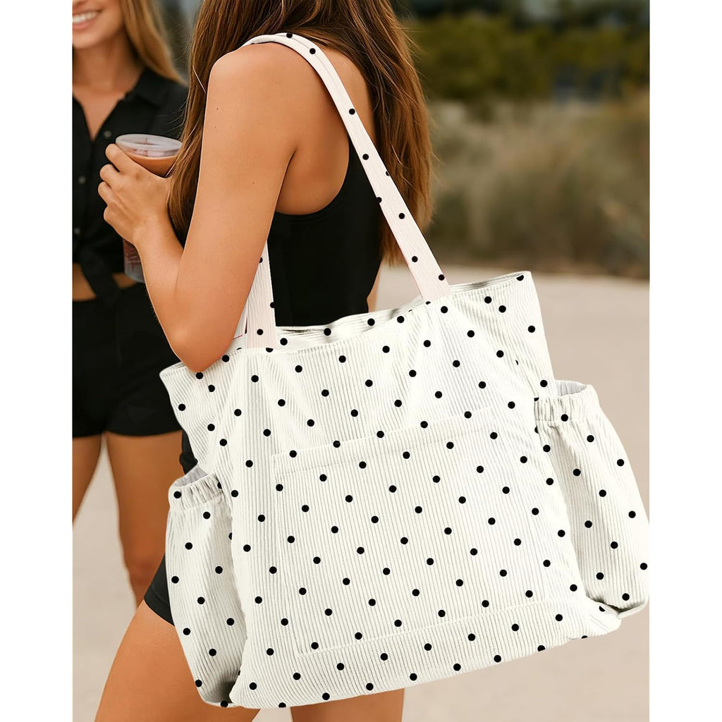 Cute Corduroy Tote Bag For Women - Large Capacity Multi-Pocket Shoulder Bag With Zipper