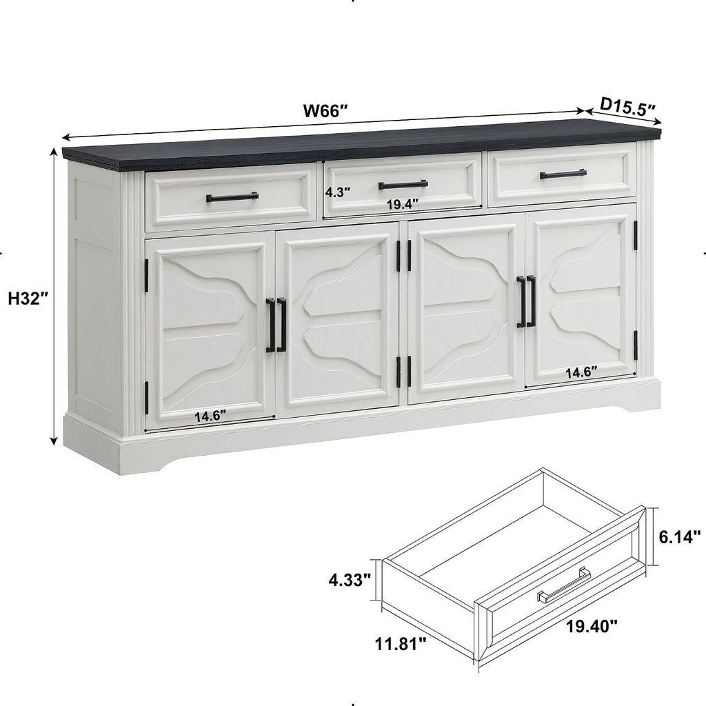 66" Farmhouse Buffet Cabinet With Storage, Sideboard Credenza, Carved Cloud-Inspired Doors, 3 Drawers & Adjustable Shelves, Coffee Bar Cabinet, Off White