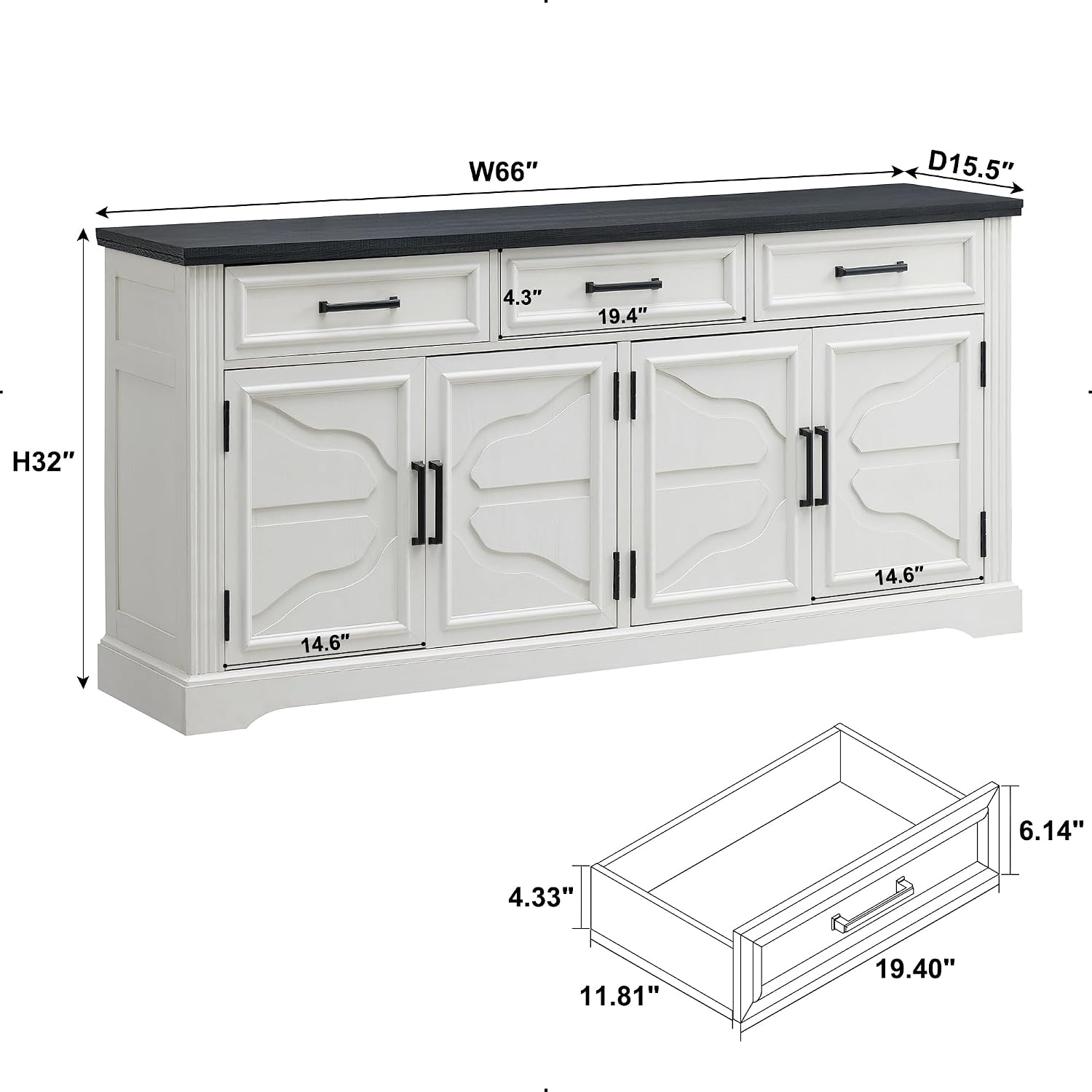 66" Farmhouse Buffet Cabinet With Storage, Sideboard Credenza, Carved Cloud-Inspired Doors, 3 Drawers & Adjustable Shelves, Coffee Bar Cabinet, Off White