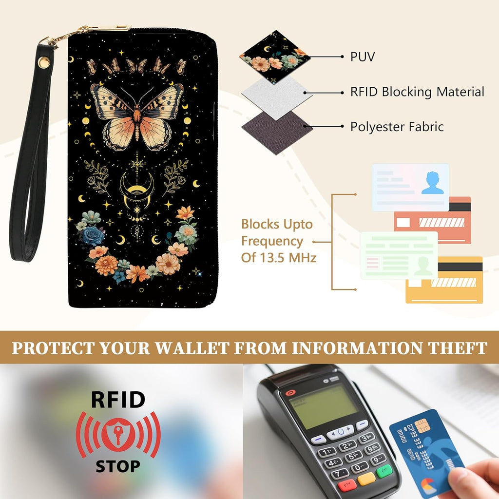 Butterfly Flowers Womens Wallet, RFID Blocking Wallets for Women, ButterflyFloral Ladies Purse with Zip Around Credit Card Holder and 10 Card Slots & ID Window, Large Capacity Clutch Christmas Gift