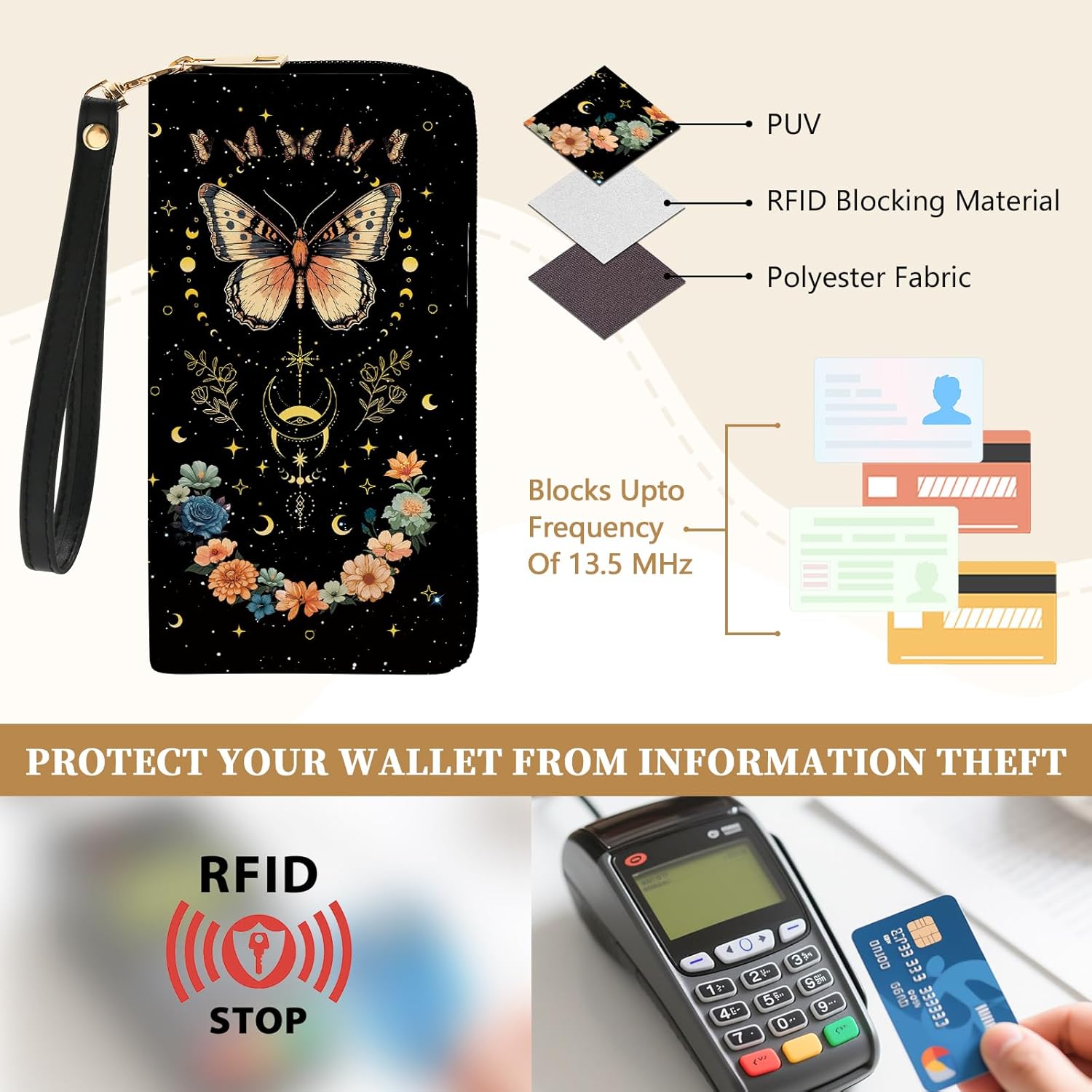 Butterfly Flowers Womens Wallet, RFID Blocking Wallets for Women, ButterflyFloral Ladies Purse with Zip Around Credit Card Holder and 10 Card Slots & ID Window, Large Capacity Clutch Christmas Gift