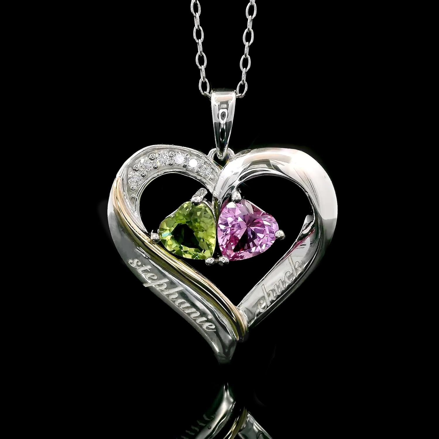Gem Stone King 2-Heart Couple Name Engraved Pendant Necklace For Women | 925 Sterling Silver and 10K Yellow Gold | Customized and Personalized | Gemstone Birthstone and Lab Grown Diamond | 18 Inch