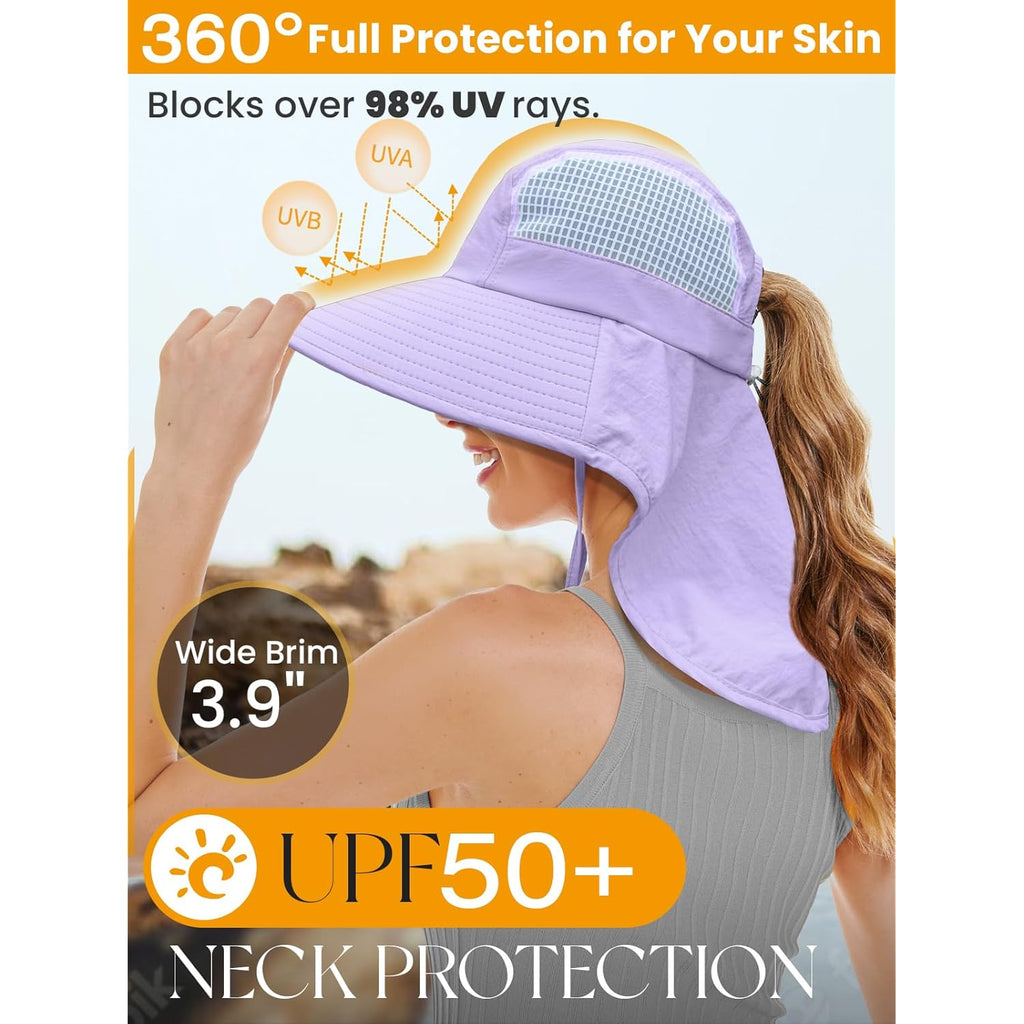 Sun Hats for Women UV Protection with Neck Flap Wide Brim Beach Hats with Ponytail Hole for Hiking Fishing Gardening Travel
