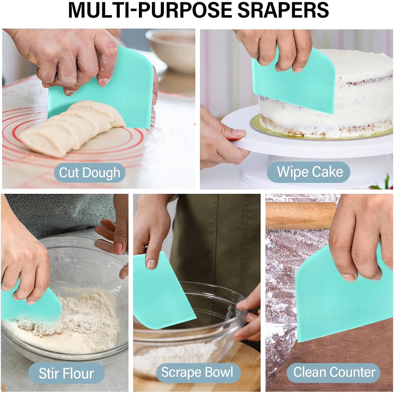 Ecavria Bench Scraper, Premium Stainless Steel Dough Scraper With 2 Pcs Flexible Bowl Scraper, Dough Cutter With Measuring Scale, Versatile Kitchen Scraper Set For Pastry Bread Pizza Cake