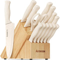 Astercook Knife Set, 15 Pieces Kitchen Knife Set with Sharpener Block, German Stainless Steel Knives with Anti-Rust Coating, Dishwasher Safe, Elegant Cream White Design, Perfect for Holiday Gifts