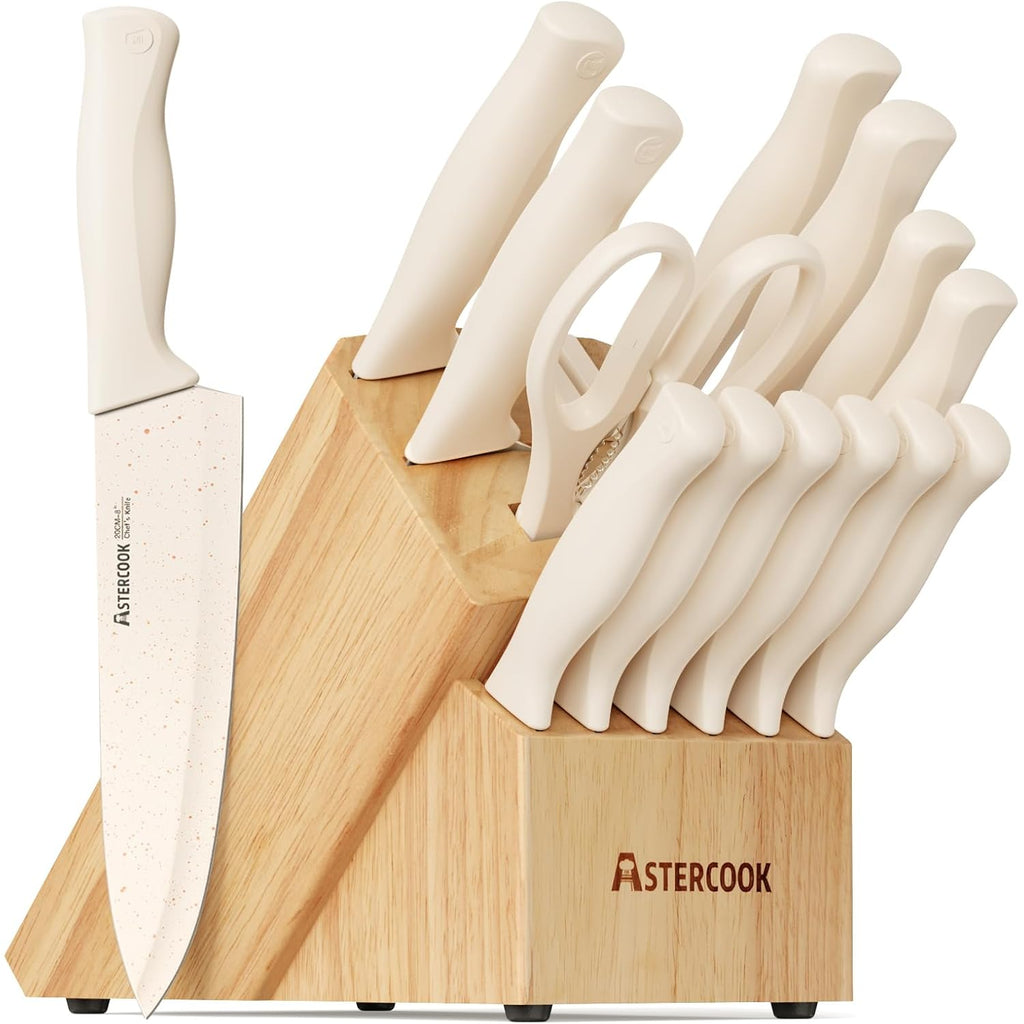 Astercook Knife Set, 15 Pieces Kitchen Knife Set With Sharpener Block, German Stainless Steel Knives With Anti-Rust Coating, Dishwasher Safe, Elegant Cream White Design, Perfect For Holiday Gifts