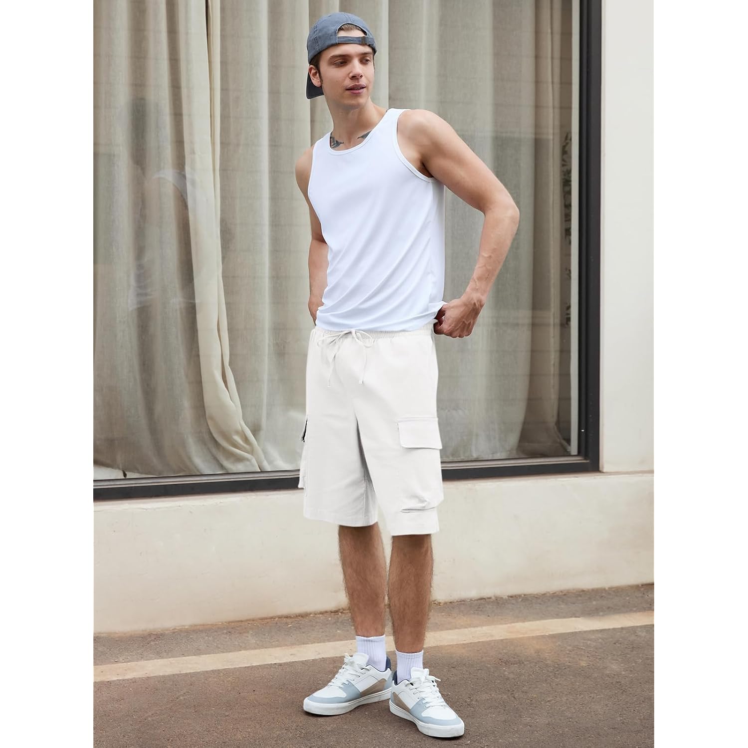 Runcati Mens Cargo Shorts Chino Cotton Drawstring Casual Shorts Summer Twill Outdoor Short Pants
