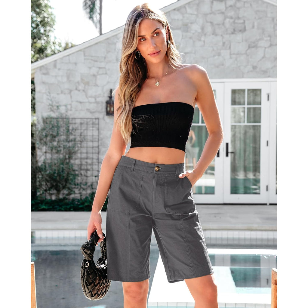 Bermuda Shorts for Women Knee Length High Waisted Cotton Elastic Waist Summer Dressy Casual Long Chino Shorts