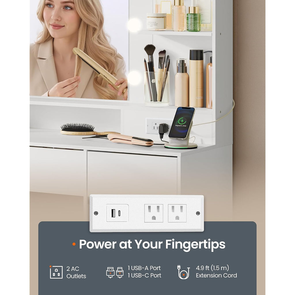 Songmics Home Vanity Desk With Mirror And Lights, Makeup Vanity Table With Power Outlets, 9 Drawers Storage Dressing Table For Bedroom, White