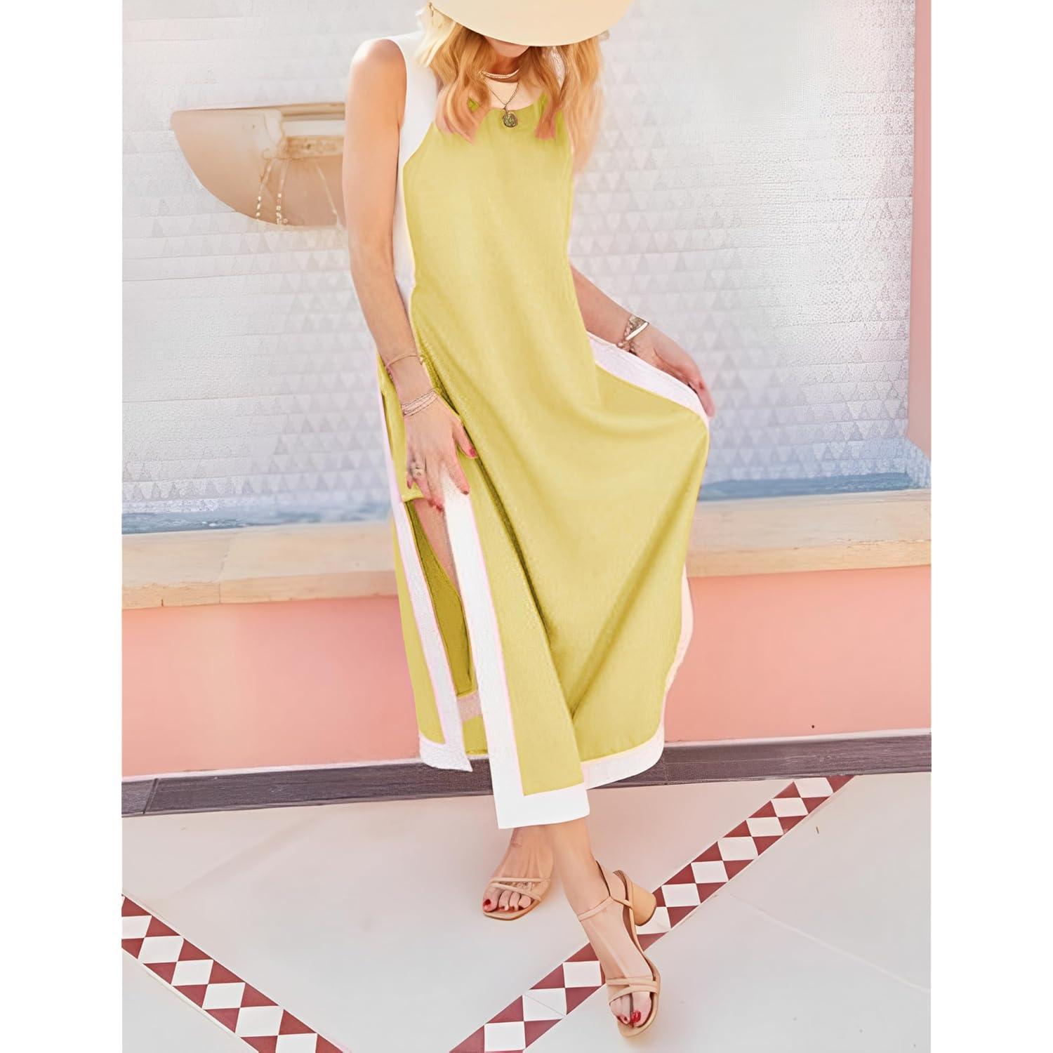 Hooever Women'S 2 Piece Sets Boho Color Block Sleeveless Maxi Dress Matching Shorts With Pockets