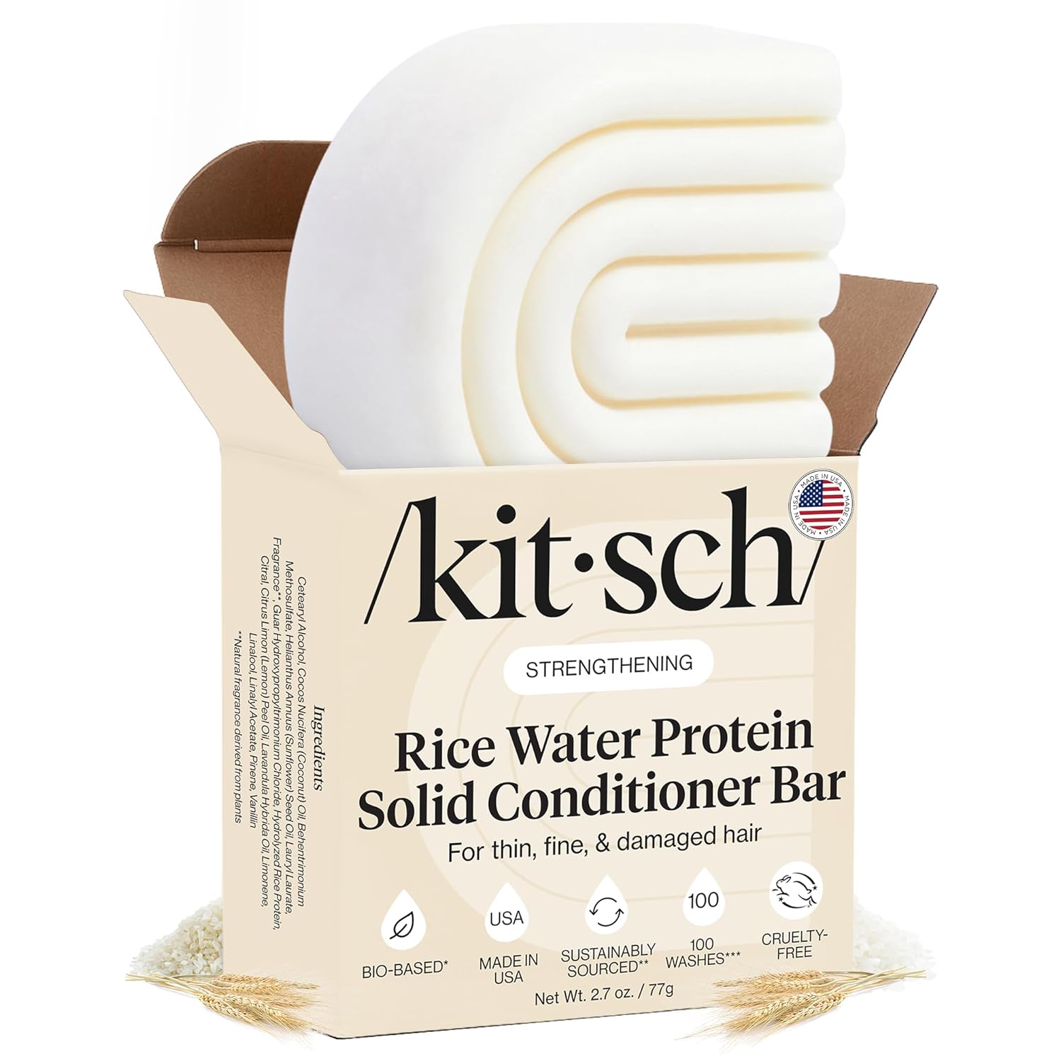 Kitsch Rice Water Conditioner Bar for Hair Growth – Rice Protein Hair Conditioner to Repair Damage, Prevent Split Ends & Boosts Shine – Paraben, Silicone & Sulfate-Free Hair Care - Made in USA, 2.7 oz