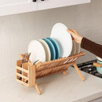 Hblife Dish Rack, Bamboo Folding 2-Tier Collapsible Drainer Dish Drying Rack With Utensils Flatware Holder Set (Dish Rack With Utensil Holder)
