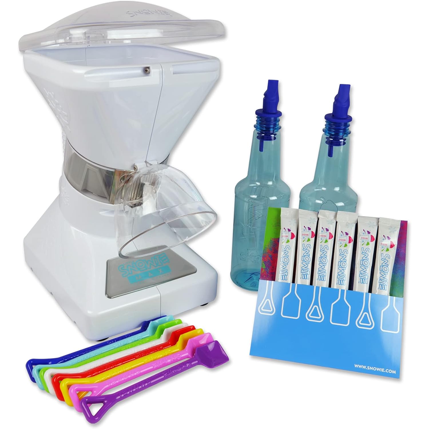 Snowie - Little Snowie Max Snow Cone Machine - Premium Shaved Ice Maker, With Powder Sticks Syrup Mix, 6-Stick Kit, White