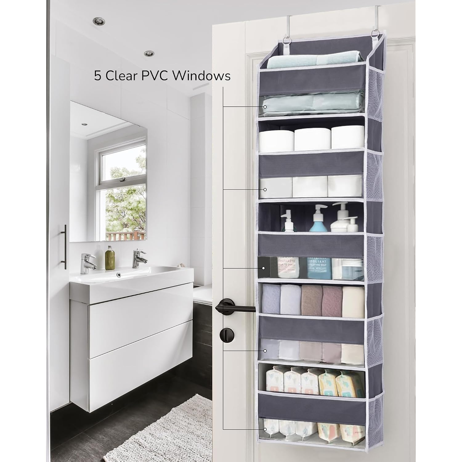 Ulg 1 Pack Over Door Organizer With 5 Large And 10 Mesh Side Pockets, 44 Lbs Weight Capacity Hanging Storage With Clear Window Kids Toys, Shoes, Diapers, Dark Grey, 5 Layers