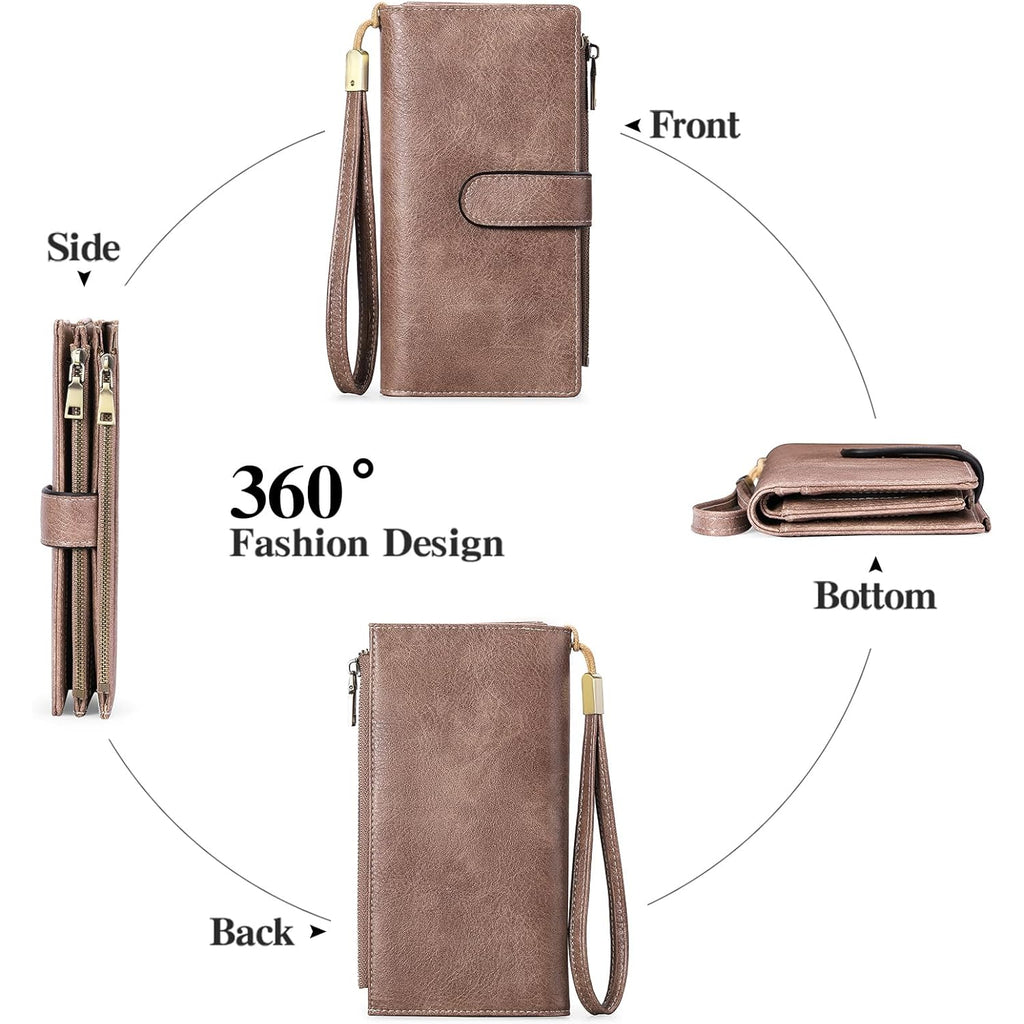 GOIACII Wallet for Women RFID Blocking Ladies Wristlet Soft Leather Credit Card Holder Large Capacity Double Zipper 5 ID Windows Dusty Pink