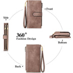 GOIACII Wallet for Women RFID Blocking Ladies Wristlet Soft Leather Credit Card Holder Large Capacity Double Zipper 5 ID Windows Dusty Pink