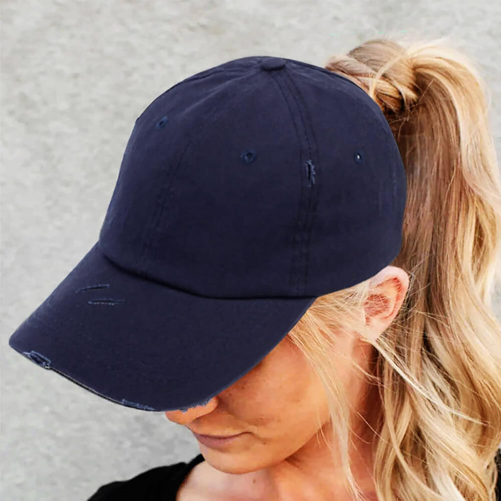 Ponytail Baseball Hat Distressed Retro Washed Womens Twill Black+white
