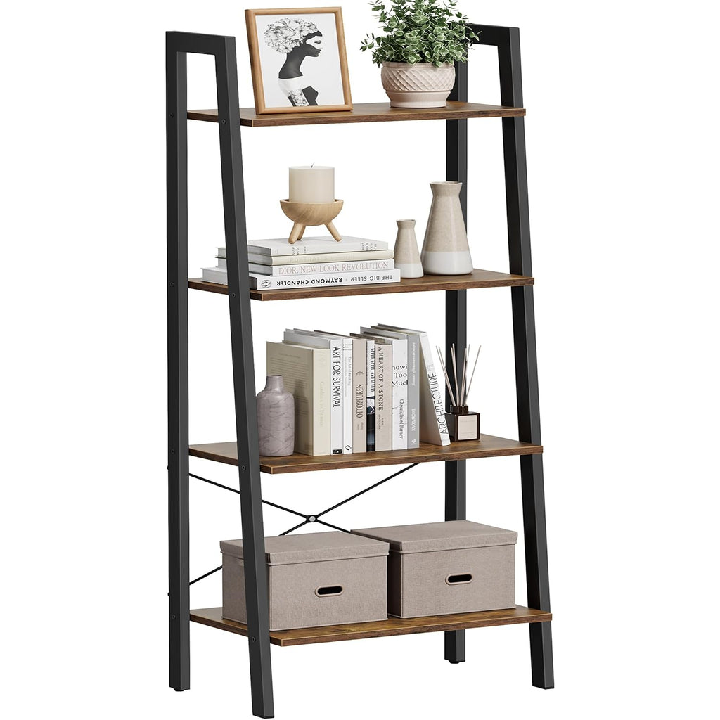 Vasagle Barnet Collection - Ladder Shelf, Bookshelf, Storage Rack, Modern Bookcase For Living Room Home Office Kitchen, Steel Frame, 4-Tier, 22-Inch Wide, Rustic Brown And Ink Black Ulls44X