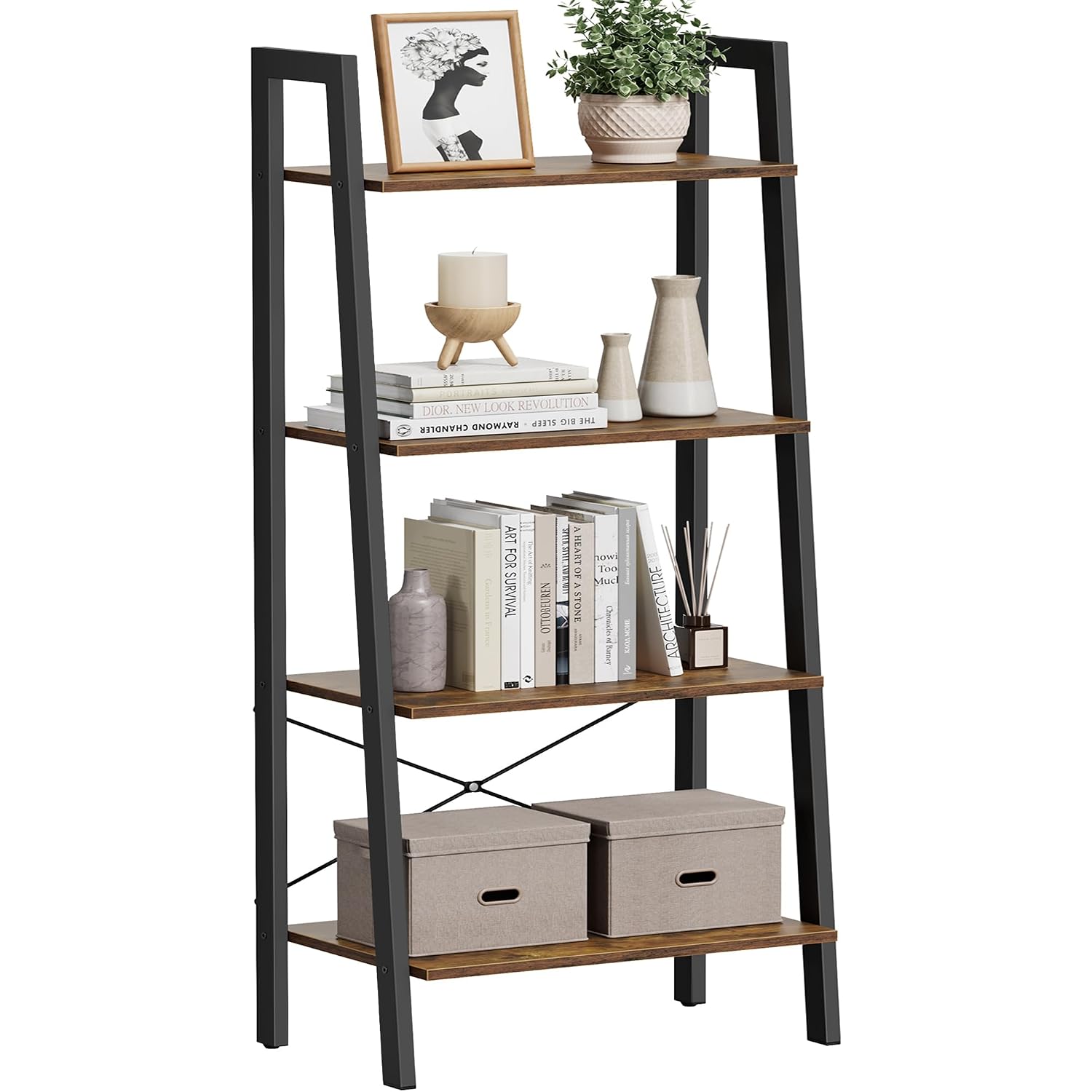 Vasagle Barnet Collection - Ladder Shelf, Bookshelf, Storage Rack, Modern Bookcase For Living Room Home Office Kitchen, Steel Frame, 4-Tier, 22-Inch Wide, Rustic Brown And Ink Black Ulls44X