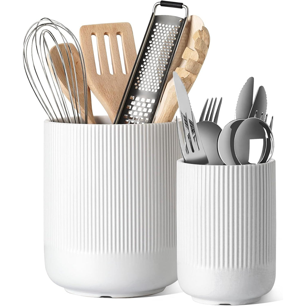 Le Tauci Utensil Holder For Kitchen Counter, 7.3"+5.4" Fluted Ceramic Utensil Crock Organizer For Countertop, Heavy Large Holder For Spatulas, Spoons, Set Of 2, White, Kitchen Counter Decor