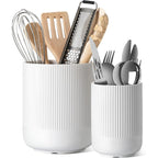 Le Tauci Utensil Holder For Kitchen Counter, 7.3"+5.4" Fluted Ceramic Utensil Crock Organizer For Countertop, Heavy Large Holder For Spatulas, Spoons, Set Of 2, White, Kitchen Counter Decor