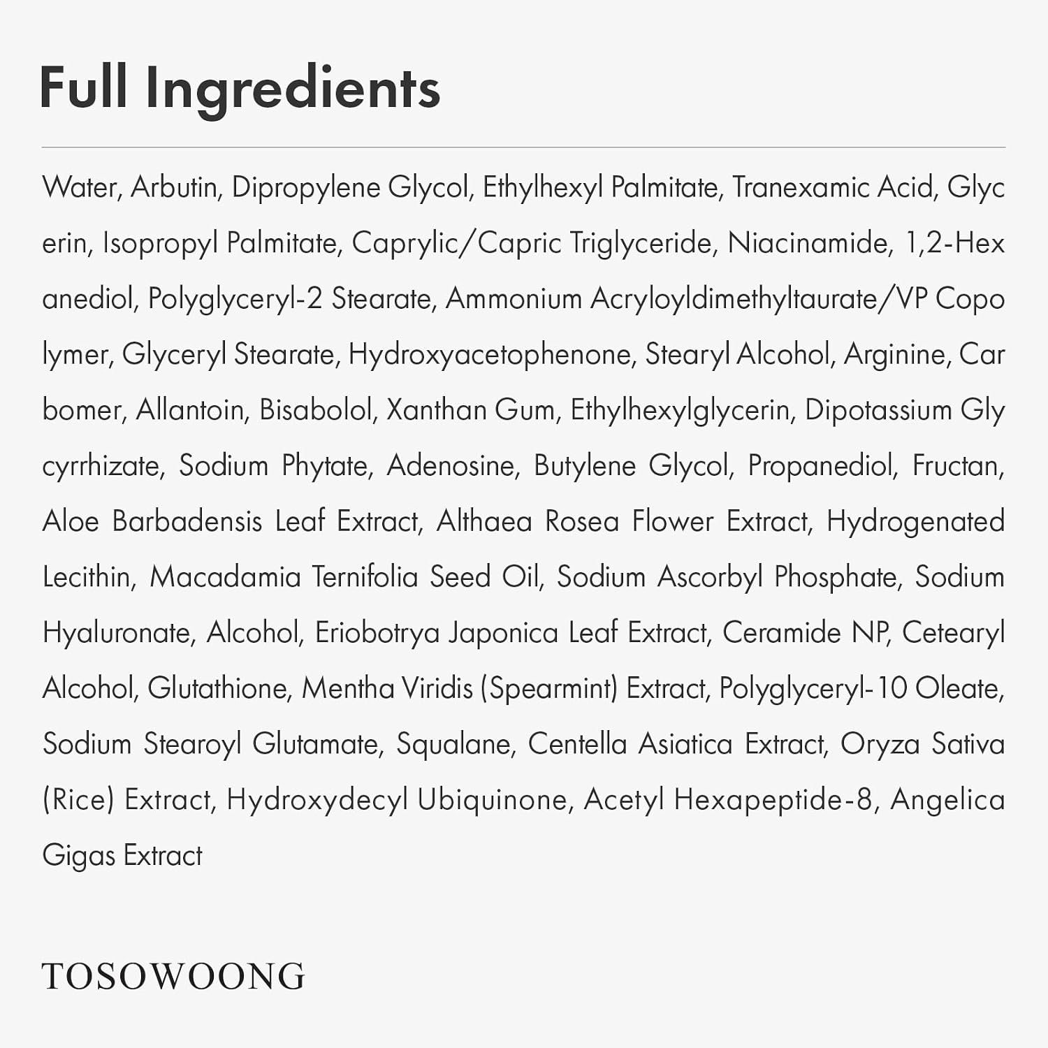 Tosowoong Arbutin 7% + Tranexamic Acid 4% Cream, 70,000Ppm Arbutin, 40,000Ppm Txa, Niacinamide, Glutathione, Dark Spots, Freckle, Blemishes, Pigmentation, Korean Skin Care, 50Ml, 1.69 Fl.Oz.