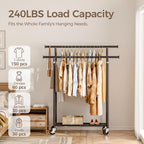 Hyseyy Clothes Rack, Double Rods Rolling Clothing Rack For Hanging Clothes, Portable Garment Rack With Wheels, Coat Rack Wardrobe Closet Load 240 Lbs For Bedroom Laundry Room (Black, L)