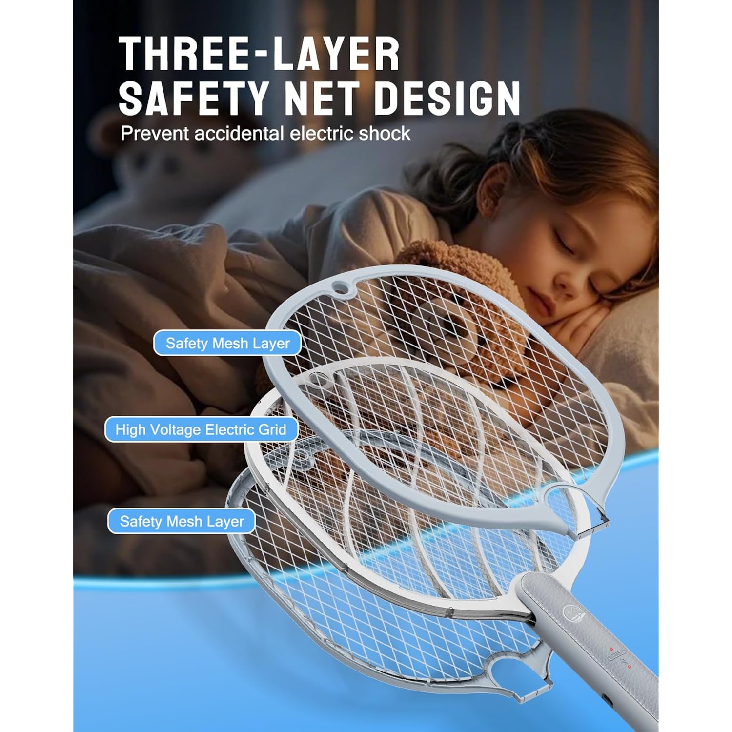 Mosiller Electric Fly Swatter, 3800V Bug Zapper Racket, Rechargeable 1200Mah Mosquito Killer, 3-Layer Safety Mesh, Lightweight, Easy To Use, Indoor Home Office Backyard Patio Camping (Basic 1 Pack)