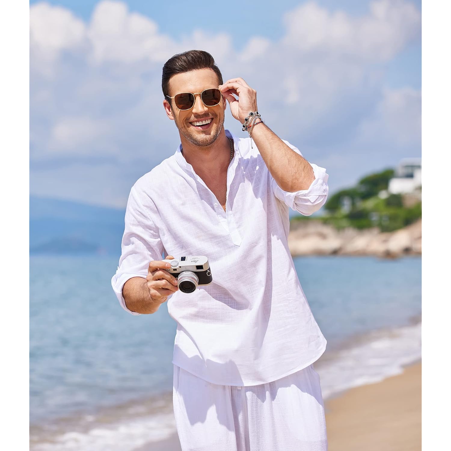 Coofandy Men'S Cotton Linen Henley T-Shirt Long Sleeve Hippie Casual Beach T-Shirts