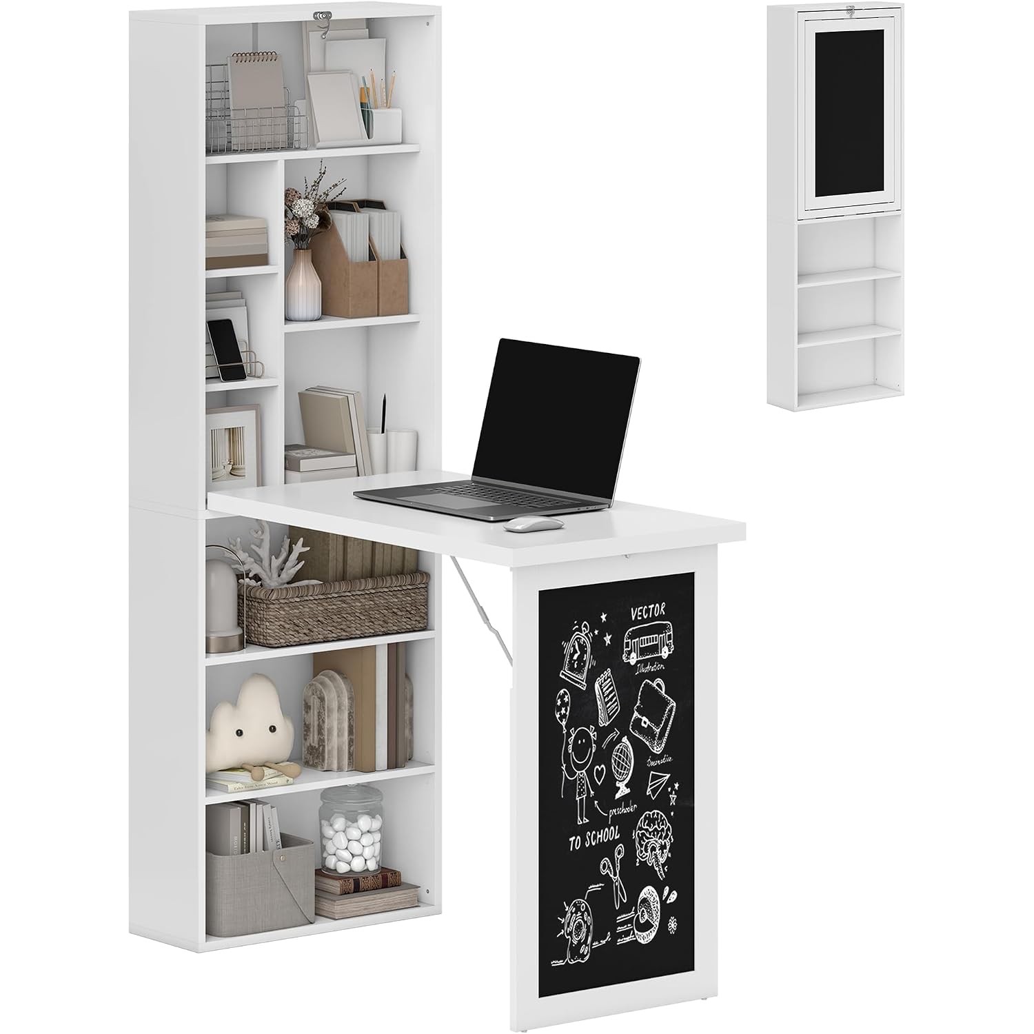 Homcom Foldable Convertible Writing Table, Wall Mounted Space-Saving Computer Desk With Chalkboard And Storage Shelves For Small Spaces, Home Office, Bedroom, Dorm, Apartment, White