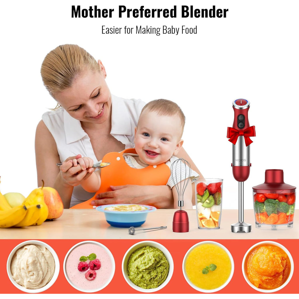 Koios 5-In-1 Hand Immersion Blender, 1000W 12 Speed Handheld Blender Stick With Copper Motor Stainless Steel Blade, 600Ml Mixing Beaker,500Ml Food Processor, Whisk, Milk Frother, Non-Bpa, Red