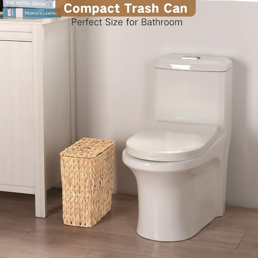 Iegrow Wicker Trash Can, Bathroom Trash Can With Lid, 3 Gallon Natural Water Hyacinth Waste Basket With Removable Liner, For Bedroom, Living Room, Toilet, Under Sink