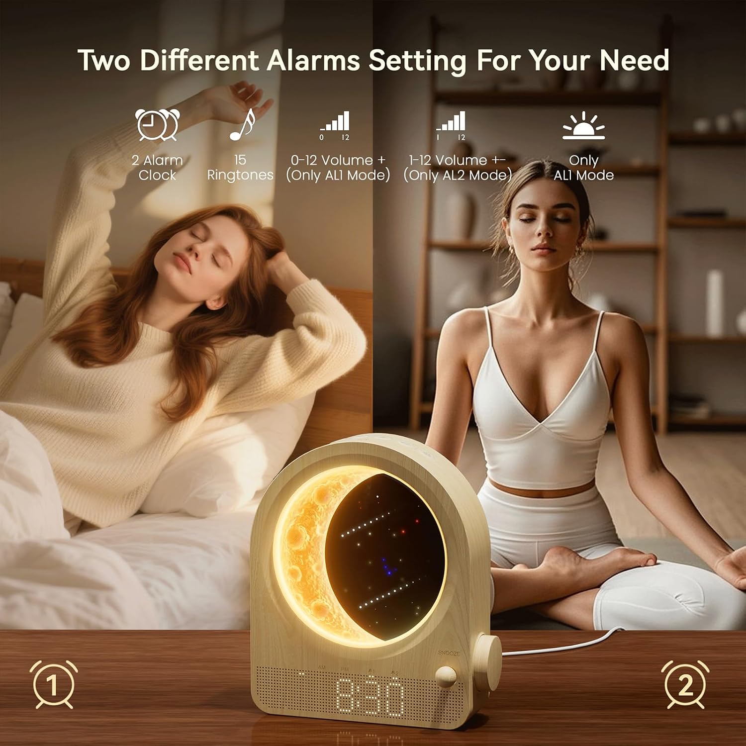 Sunrise Alarm Clocks For Bedrooms, Stepless Dimmable Moon Lamp Dual Alarm Clock With 12Levels Volume For Heavy Sleepers, 10 Natural Sounds With 30/60/90Mins Timer, Gifts For Women