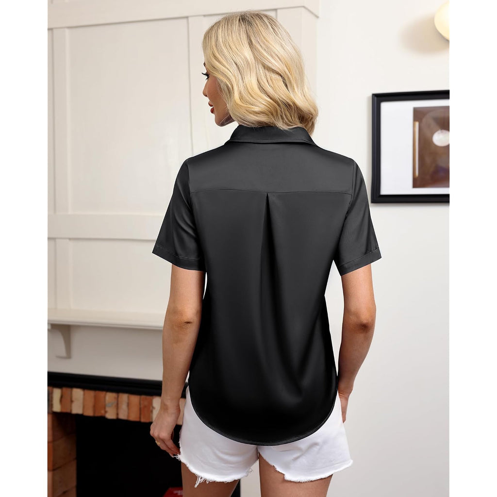 Siliteelon Satin Button Down Shirts For Women Short Sleeve Silk Blouse Collared Shirt Dressy Button Up Work Office Blouse Top