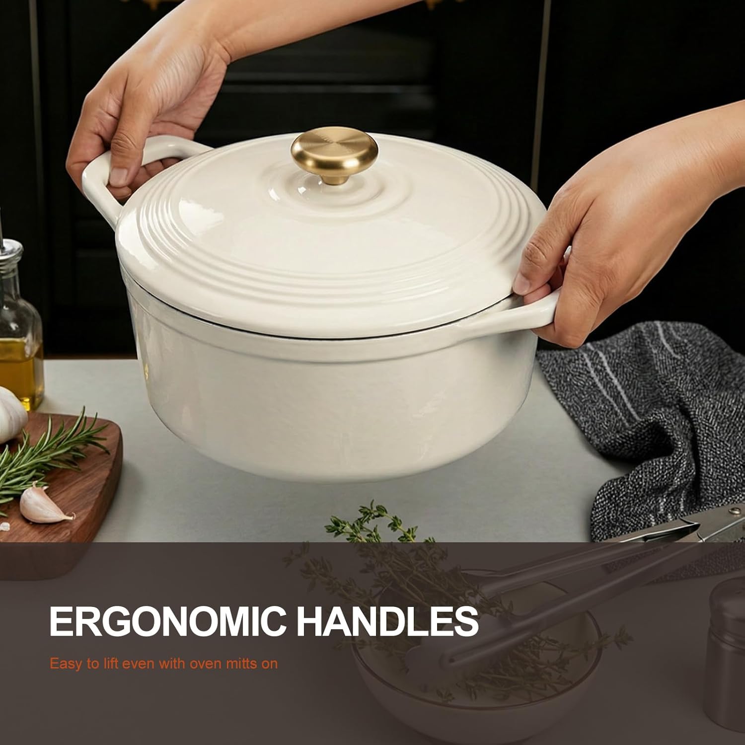 Overmont Enameled Cast Iron Dutch Oven - 5.5QT Pot with Lid Cookbook & Cotton Potholders - Heavy-Duty Cookware for Braising, Stews, Roasting, Sourdough Baking White