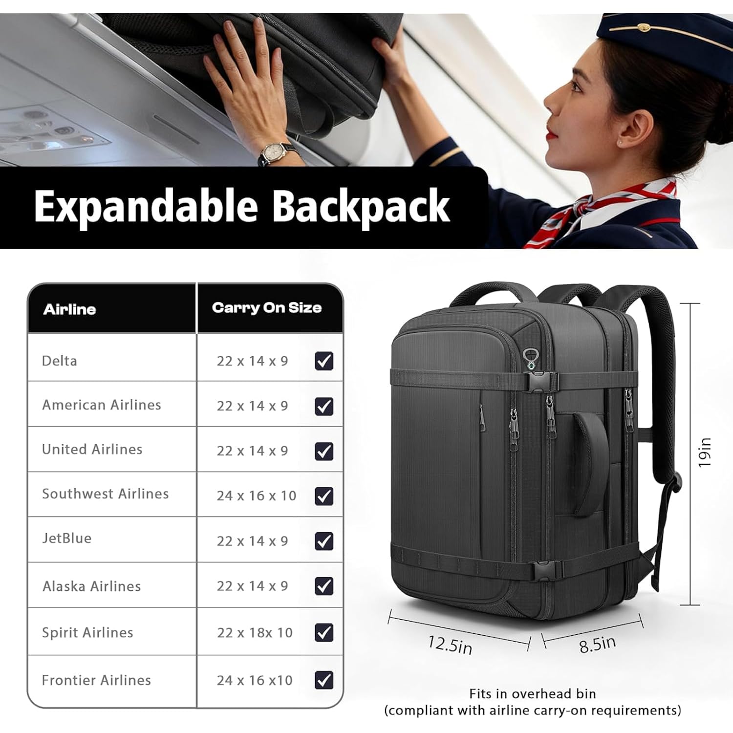 Travel Backpack With Lifetimewarranty,Expandable Carry On Backpack With Cable Access Port,Fits 17.3" Laptop Notebook,Water Resistant Weekender Backpack Business Trips,Daily Travel,Black