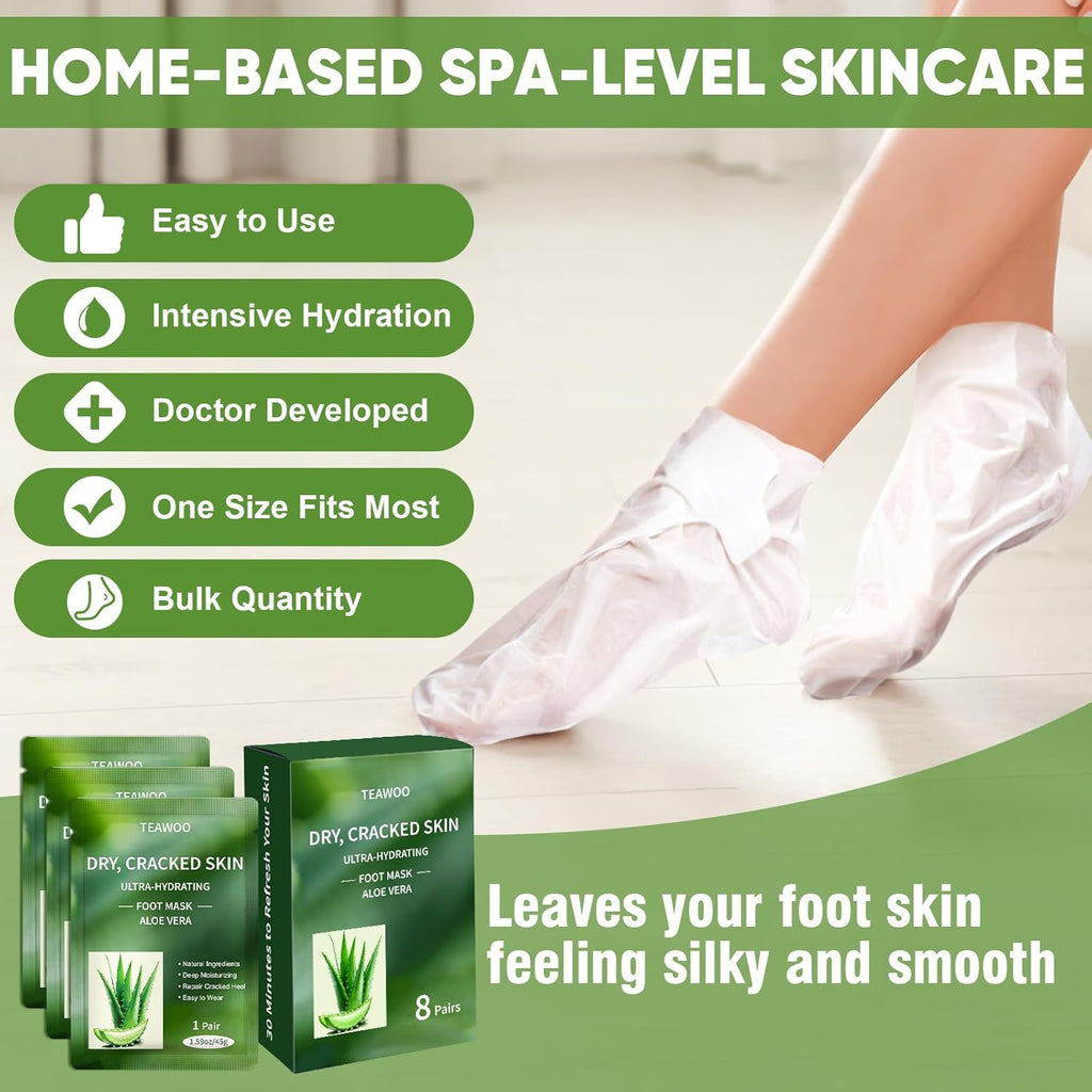 TEAWOO 8 Pairs Moisturizing Foot Masks with Aloe Vera Extract & Jojoba Oil, Intensely Hydrating Foot Mask for Dry Cracked Feet, Moisturizing Socks for Cracked Heel Treatment
