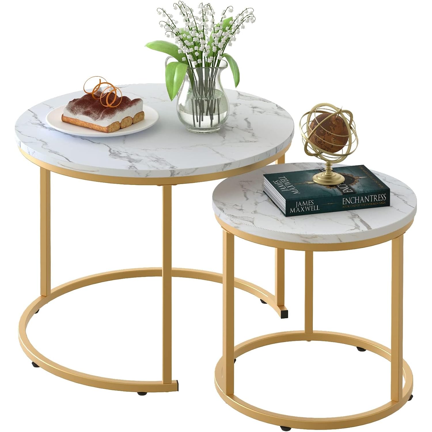 Aboxoo Coffee Table Nesting White Set Of 2 Side Set Golden Frame Circular Round And Marble Pattern Wooden Tables, Living Room Bedroom Apartment Modern Industrial Simple Nightstand