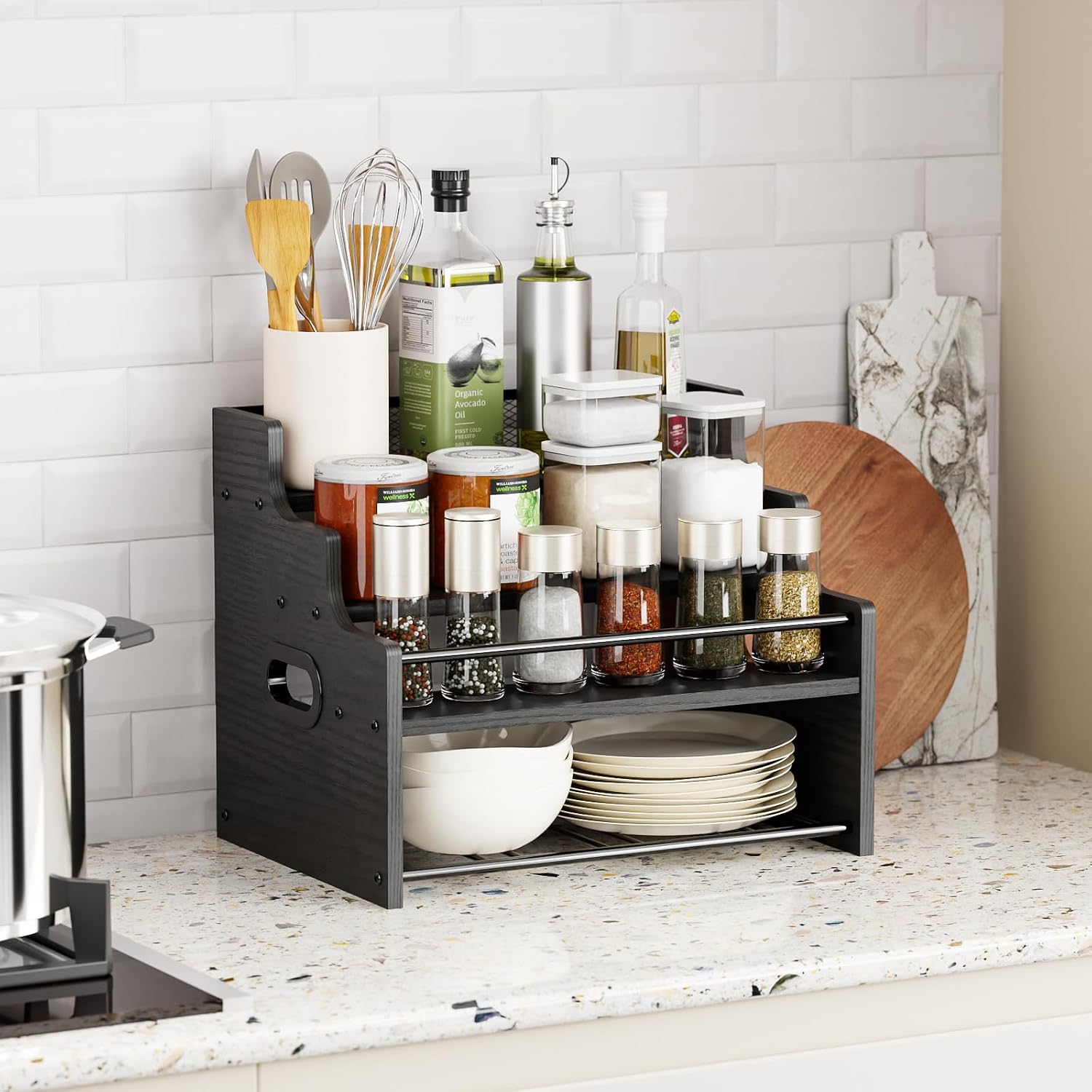 Klm 4-Tier Wood Display Shelf, Black Modern Bottle Organizer, Countertop Bar Stand For Liquor, Coffee Syrup, (Black)