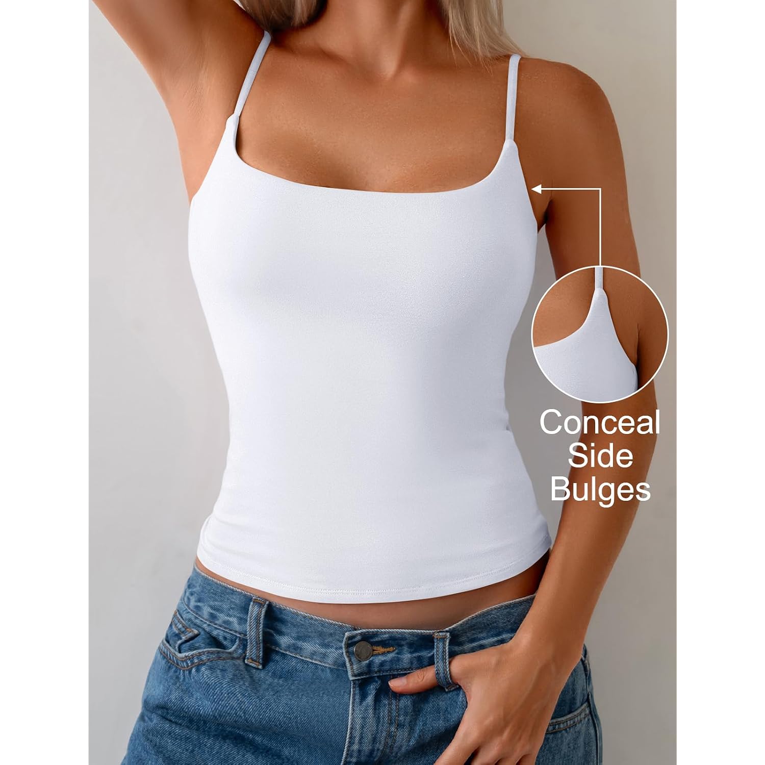 PrettyGuide Women Cotton Cami Tops Built-in Shelf Bra Unpadded Square Neck Crop Tank Top Fitted Basic Camisole Going Out Tees