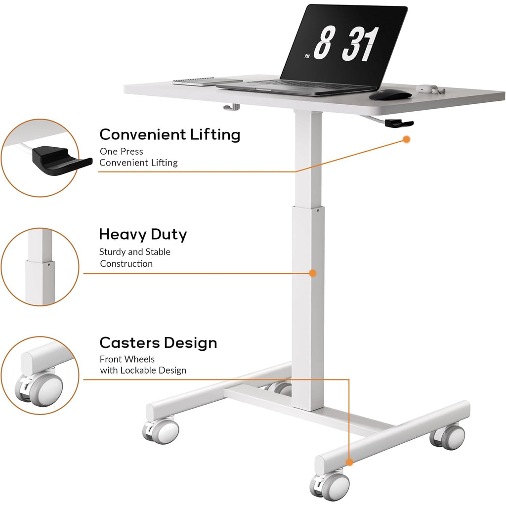 Mobile Small Standing Rolling Desk Adjustable Height, Portable Laptop Desk On Wheels, Workstation For Home Office With Hook,White